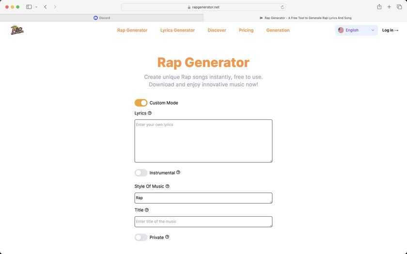RapGenerator.net Landing Page