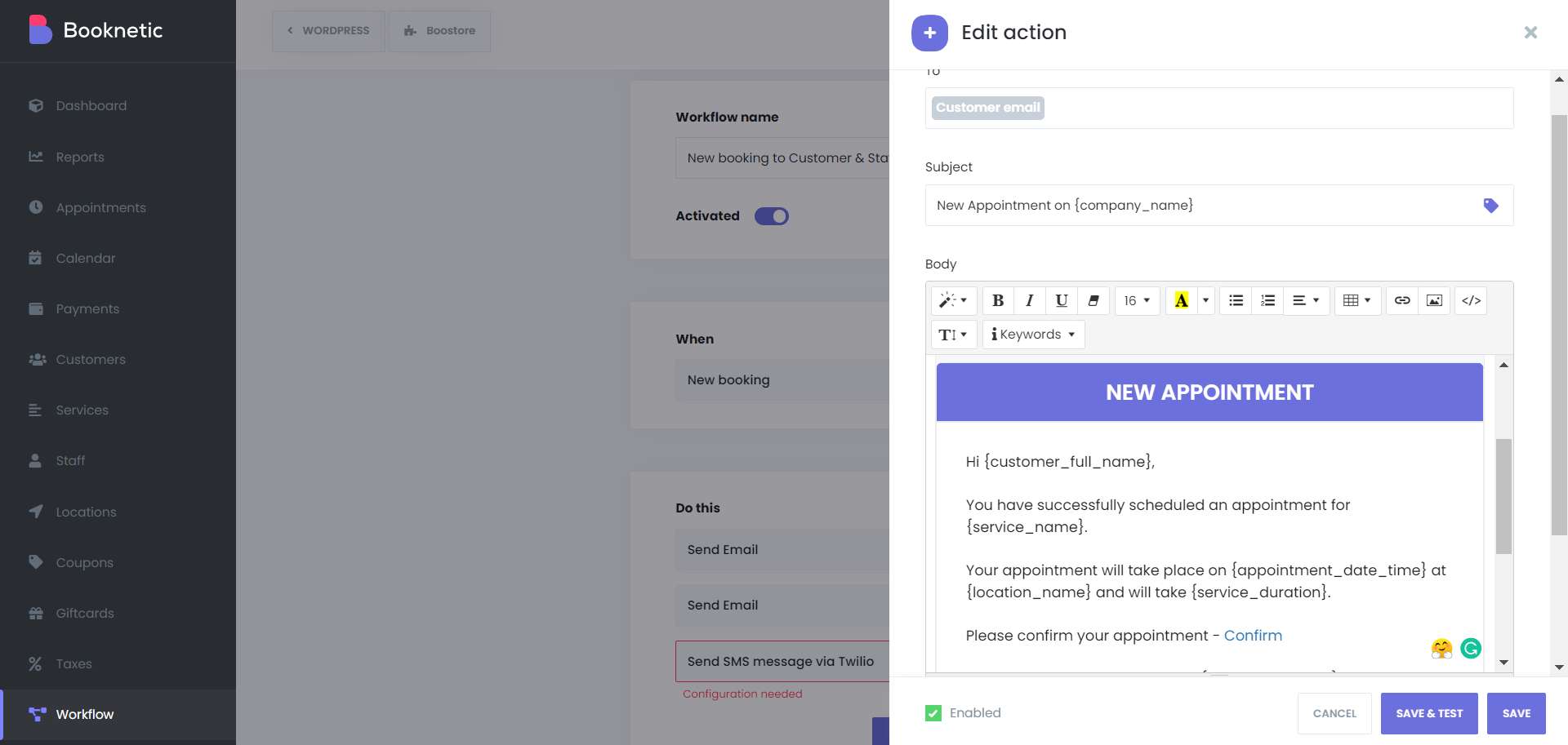 Booknetic Admin panel - Email action