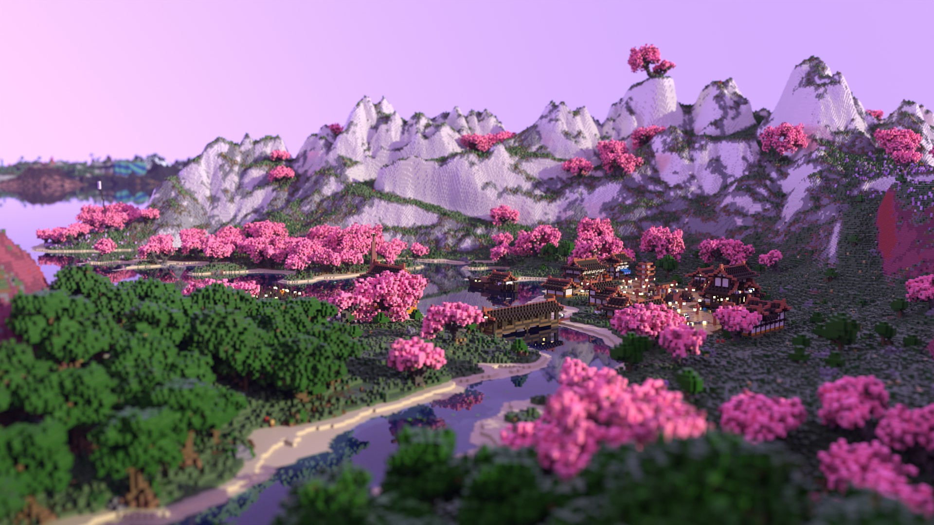 Avoyd Minecraft map Drehmal imported and rendered in Avoyd, village with depth of field effect.