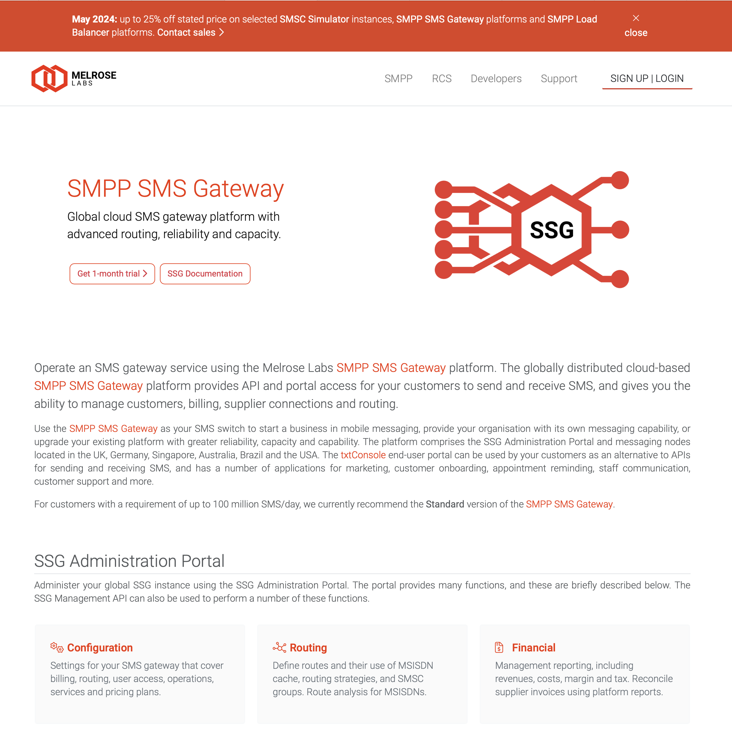 Melrose Labs SMPP SMS Gateway SSG platform product webpage