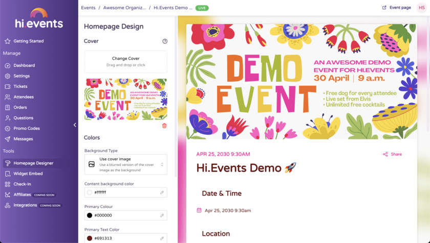Hi.Events Event homapage designer