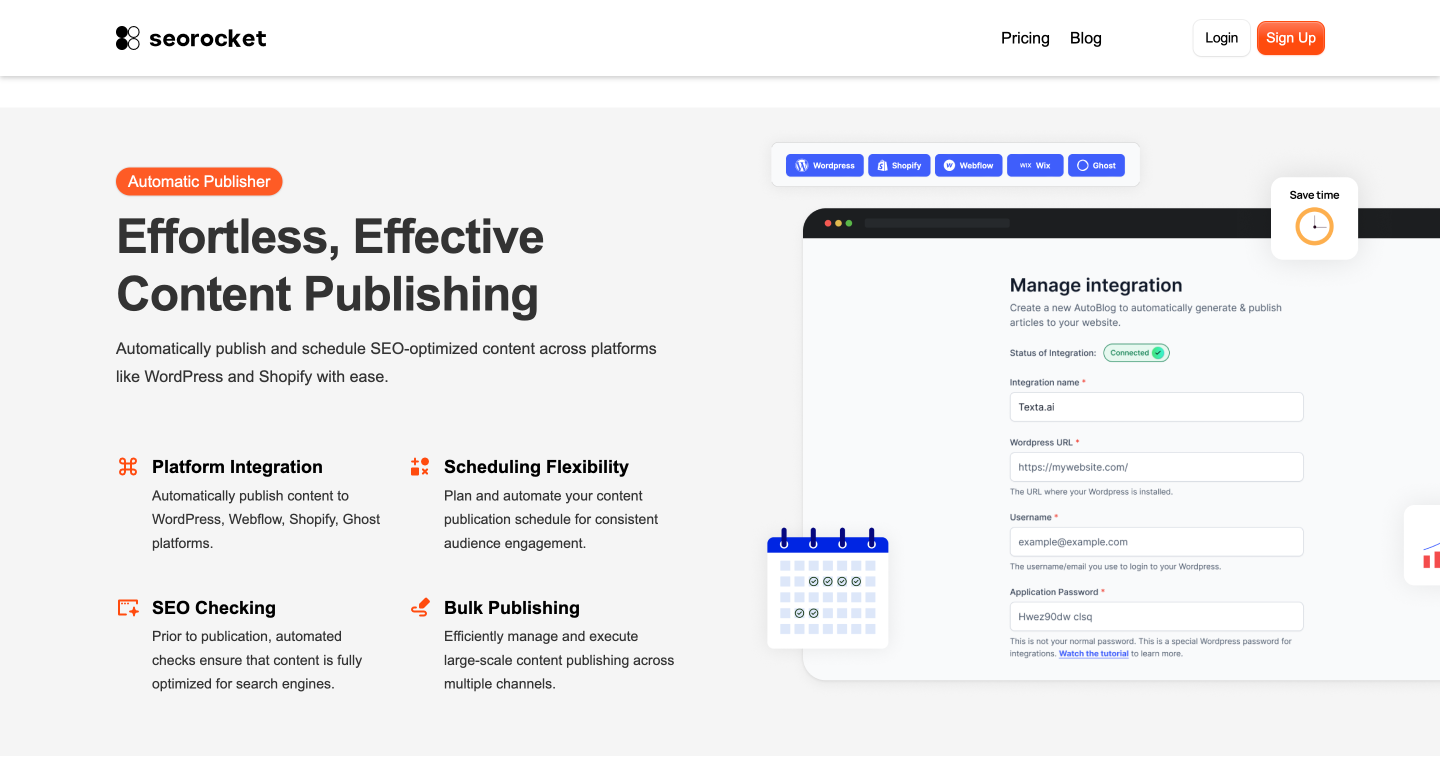 Seorocket AI Automatic Publisher: Schedule and publish content directly on your site.