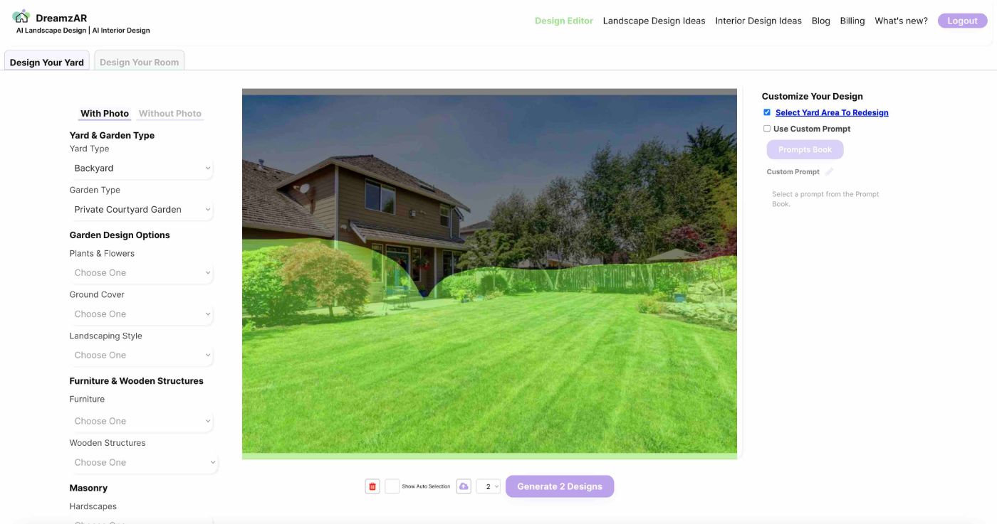 DreamzAR App Start with a photo of your yard to redesign it with AI
