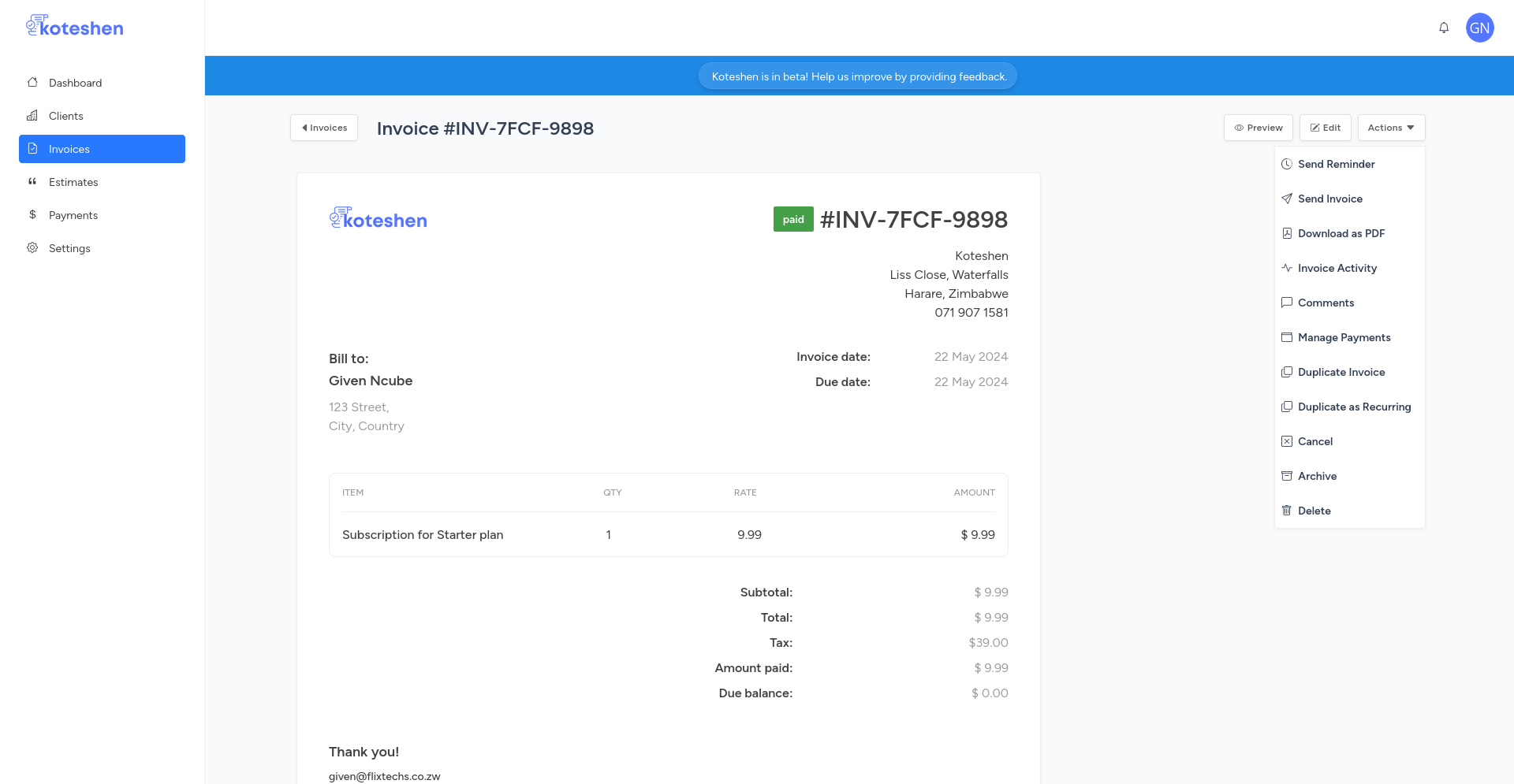 Koteshen Invoices