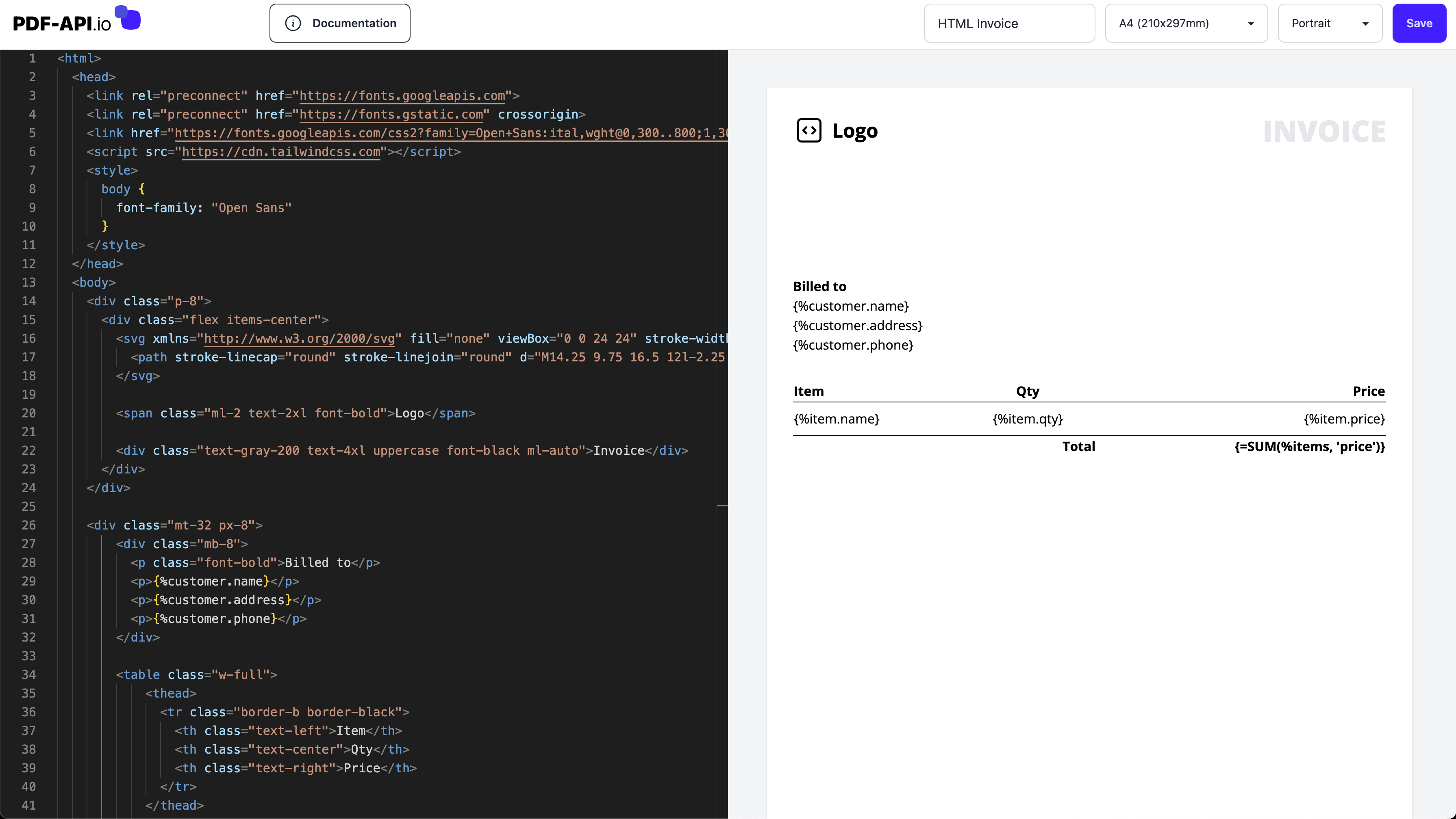 PDF-API.io HTML template editor