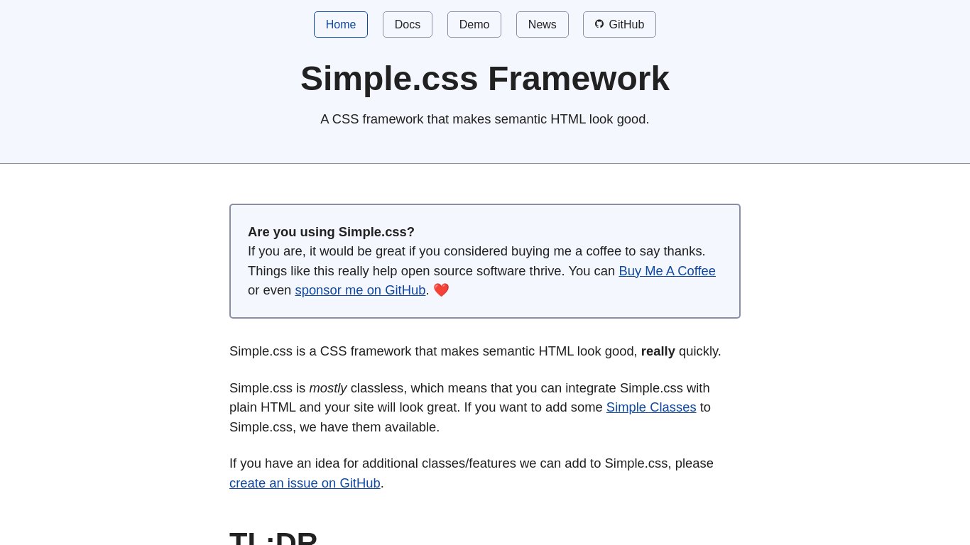 Simple.css Framework Landing page
