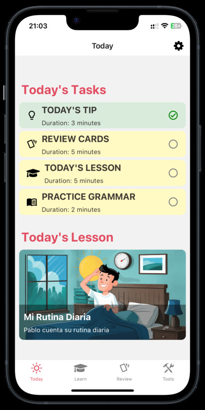 Palteca Screen of your tasks to learn Spanish