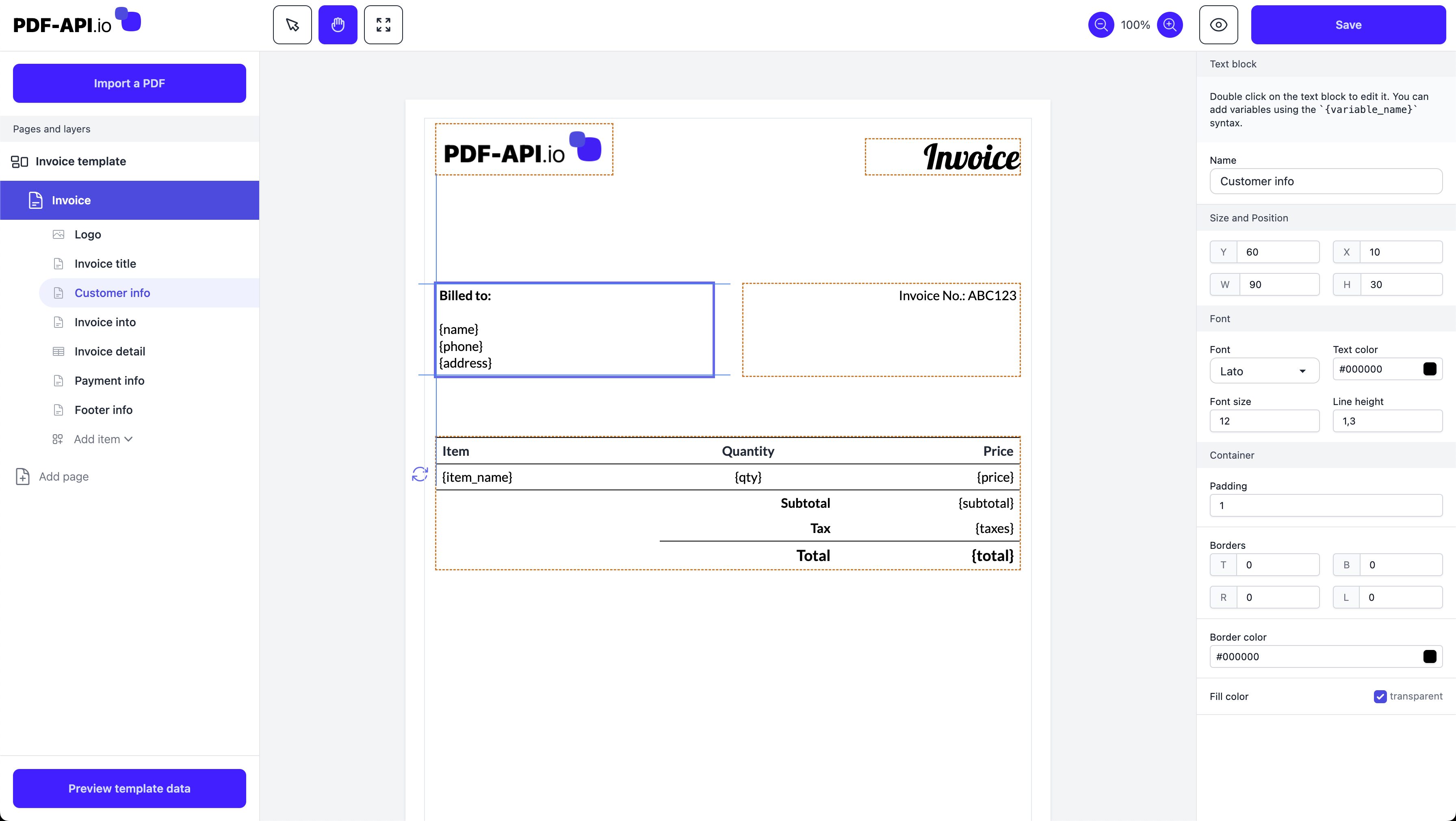 PDF-API.io PDF template editor
