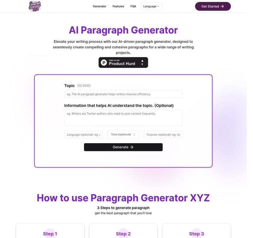 Paragraph Generator  XYZ Landing Page