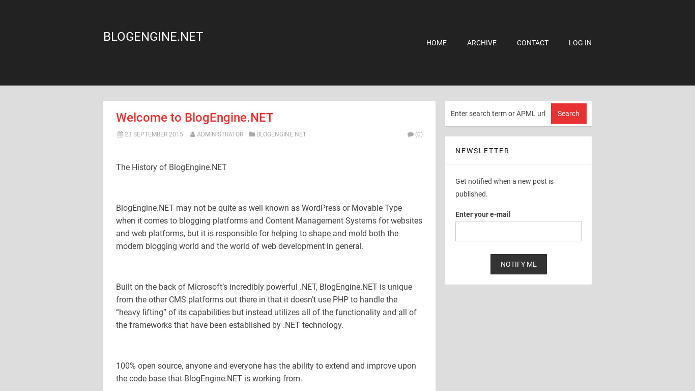 BlogEngine.NET Landing page