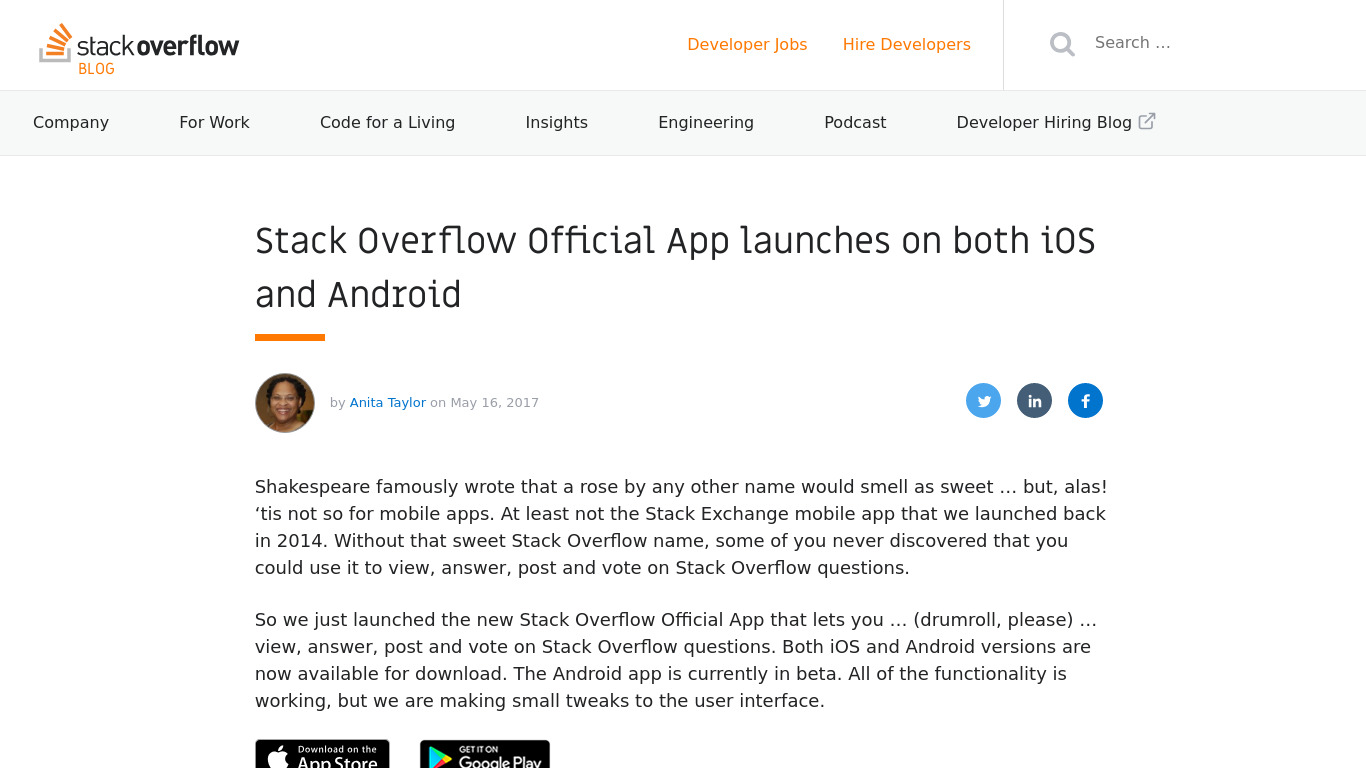 Stack Overflow on Mobile Landing page
