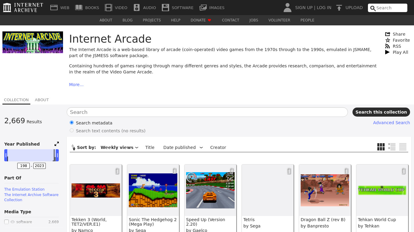 The Internet Arcade Landing page