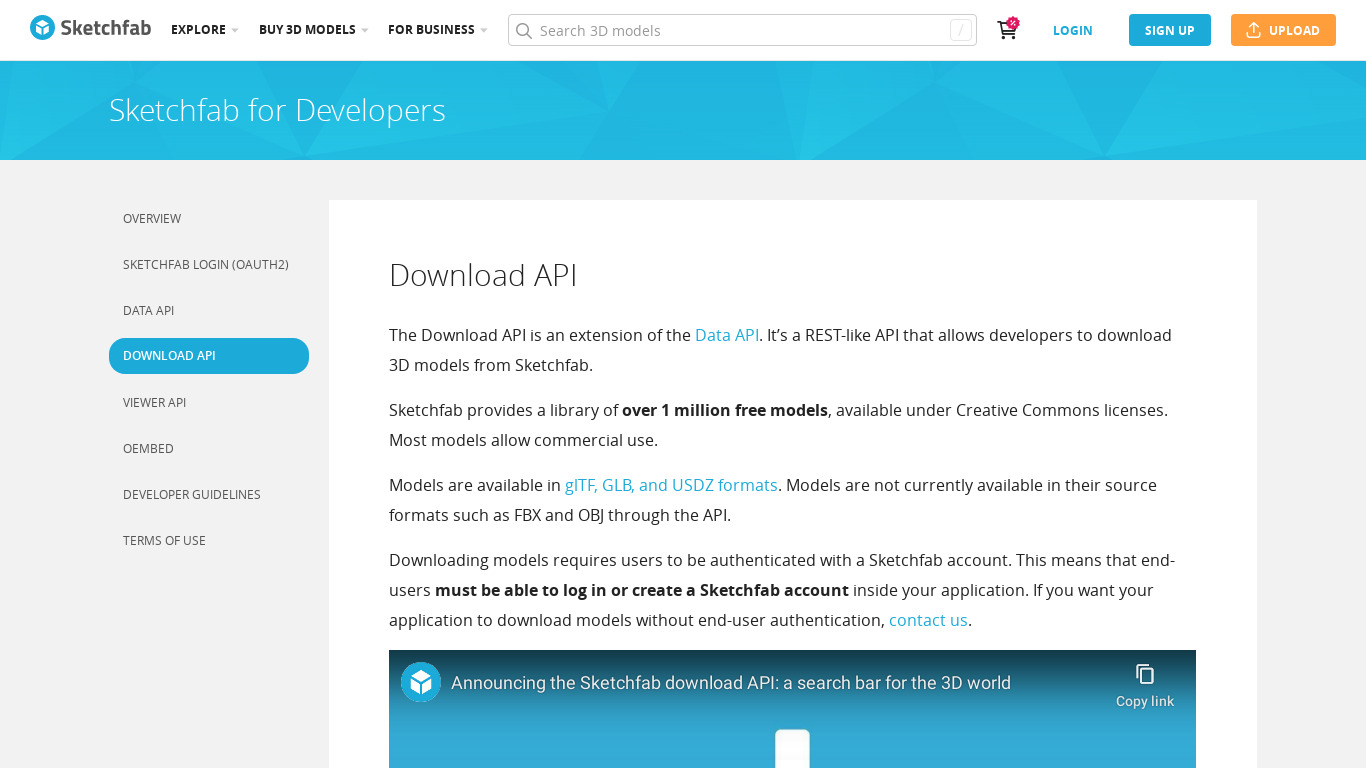 Sketchfab Download API Landing page
