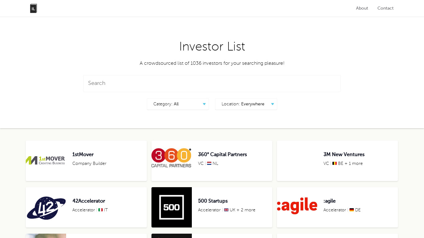 Investor List Landing page