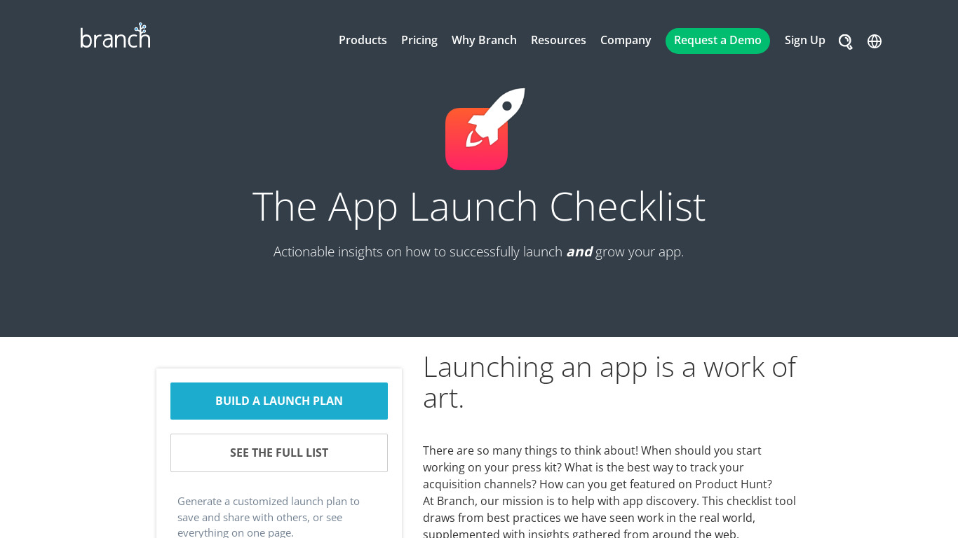 App Launch Checklist Landing page