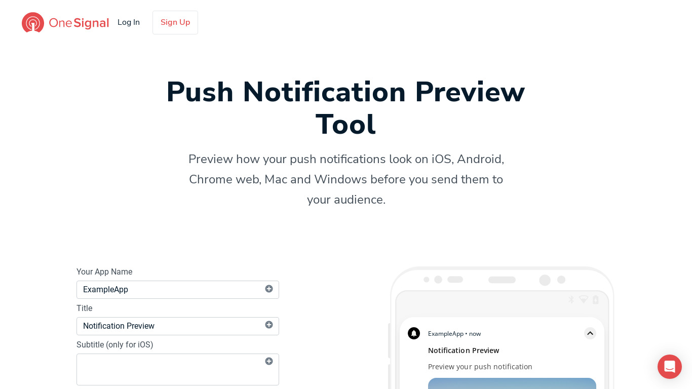 Push Notification Preview Landing page