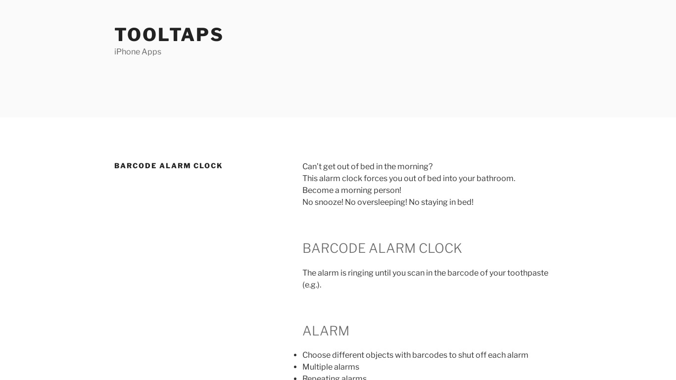 Barcode Alarm Clock Landing page