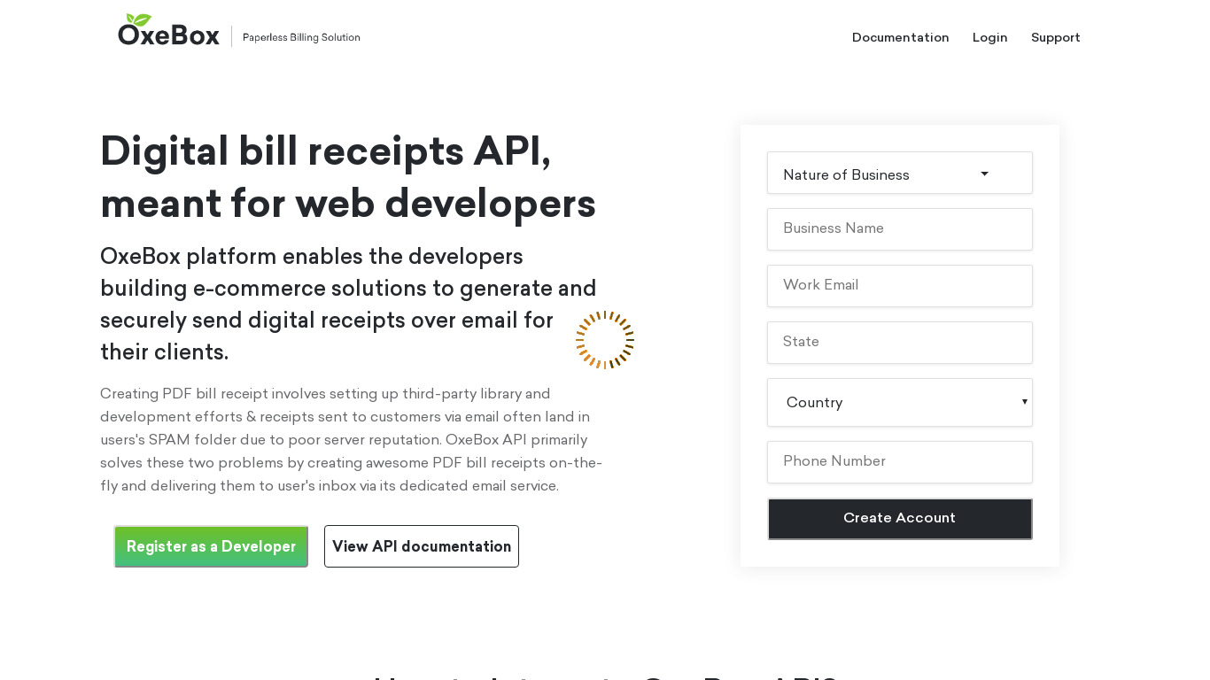 OxeBox Digital Receipts API Landing page