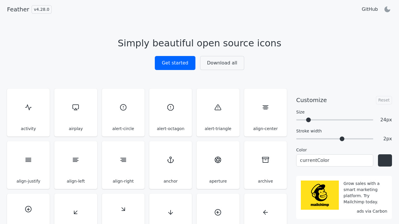 Feather Icons Landing page