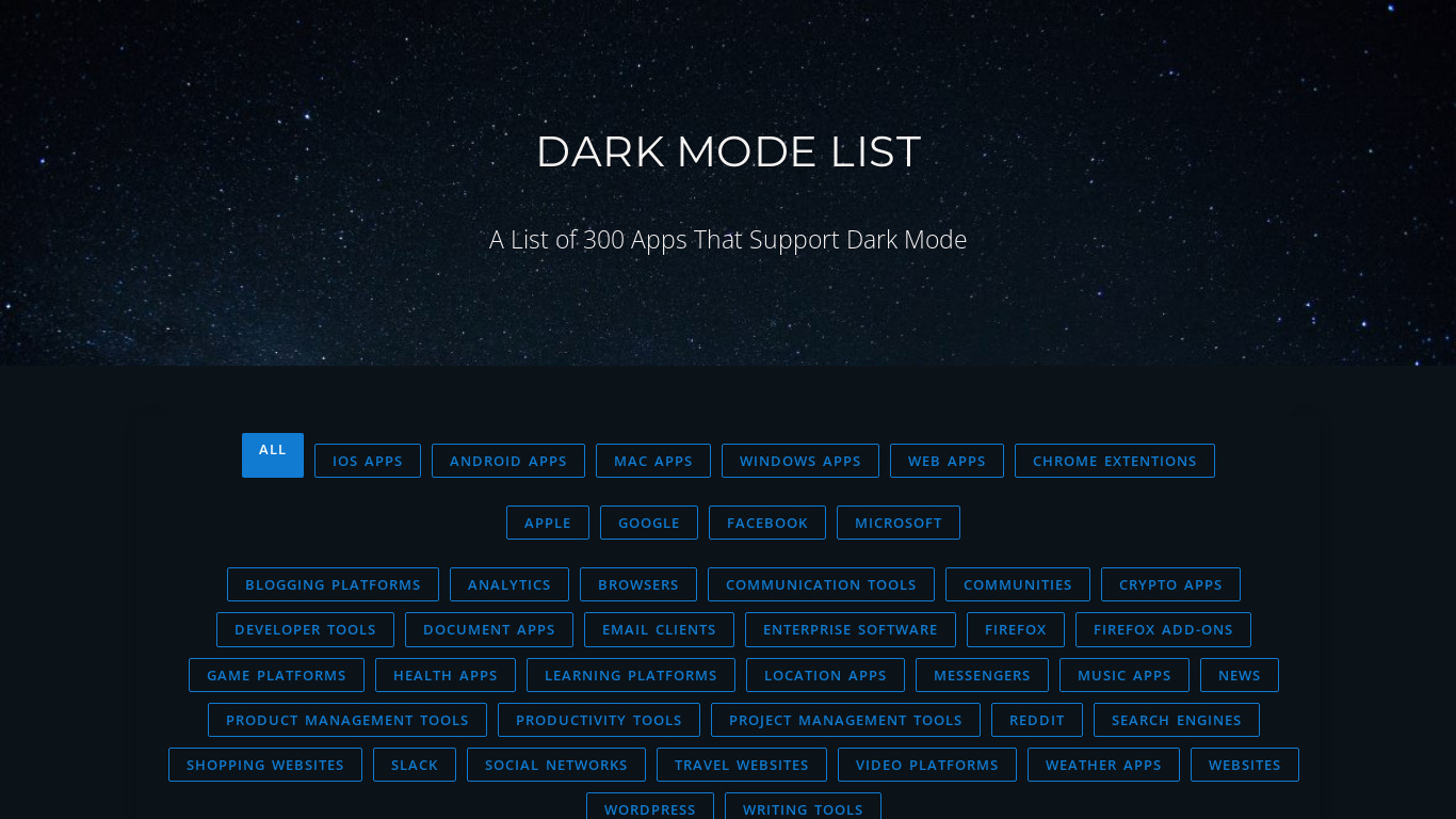 Dark Mode List Landing page