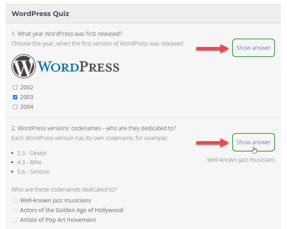 CreativeMinds WordPress Quiz Manager Plugin Example of the button 'Show Answer'