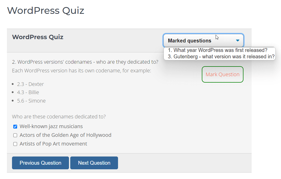 CreativeMinds WordPress Quiz Manager Plugin One Question Per Page View Example