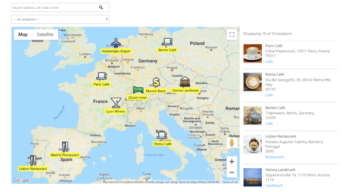Creative Minds WordPress Multi Location Map Example Map with Cafes, Restaurants, Banks, Landmarks and Hotels