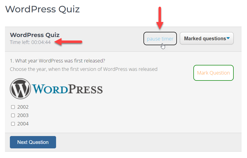CreativeMinds WordPress Quiz Manager Plugin Example of the Timer and button 'Pause Timer'