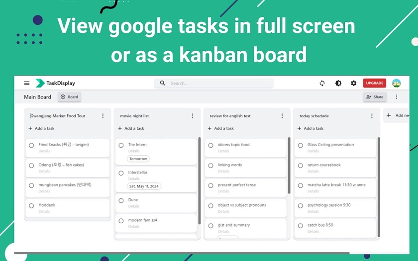 TaskDisplay View google tasks in full screen or as a kanban board