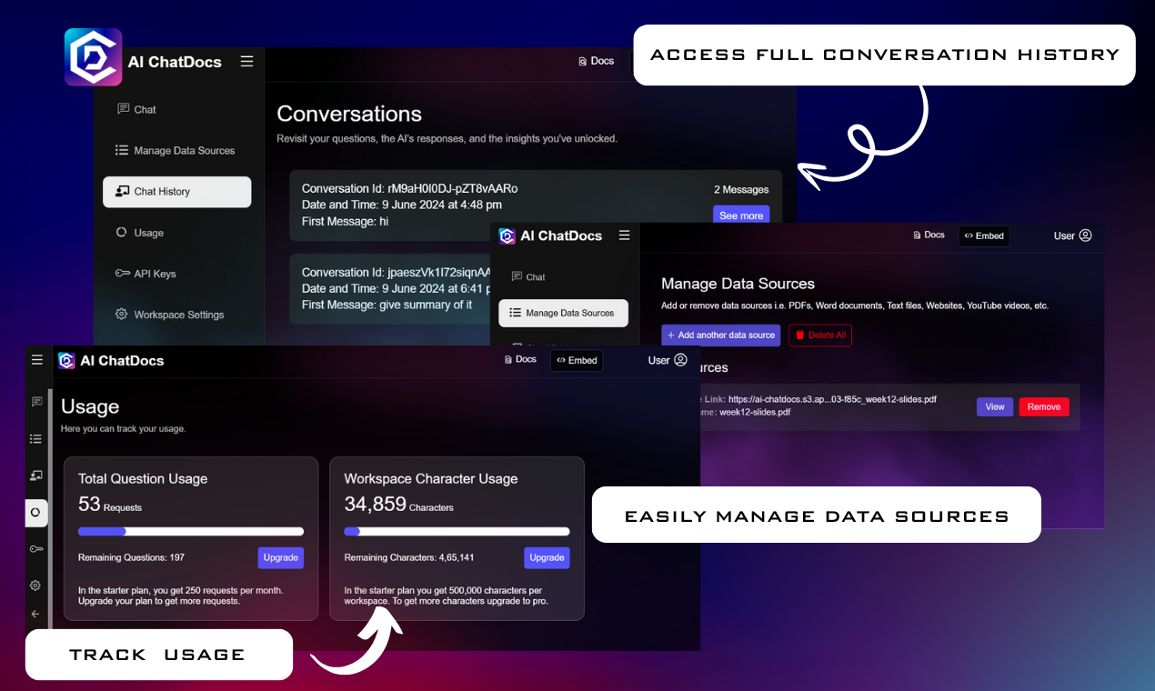 AI ChatDocs Access chat history, easily manage Data Sources, track remaining requests, Top notch Security