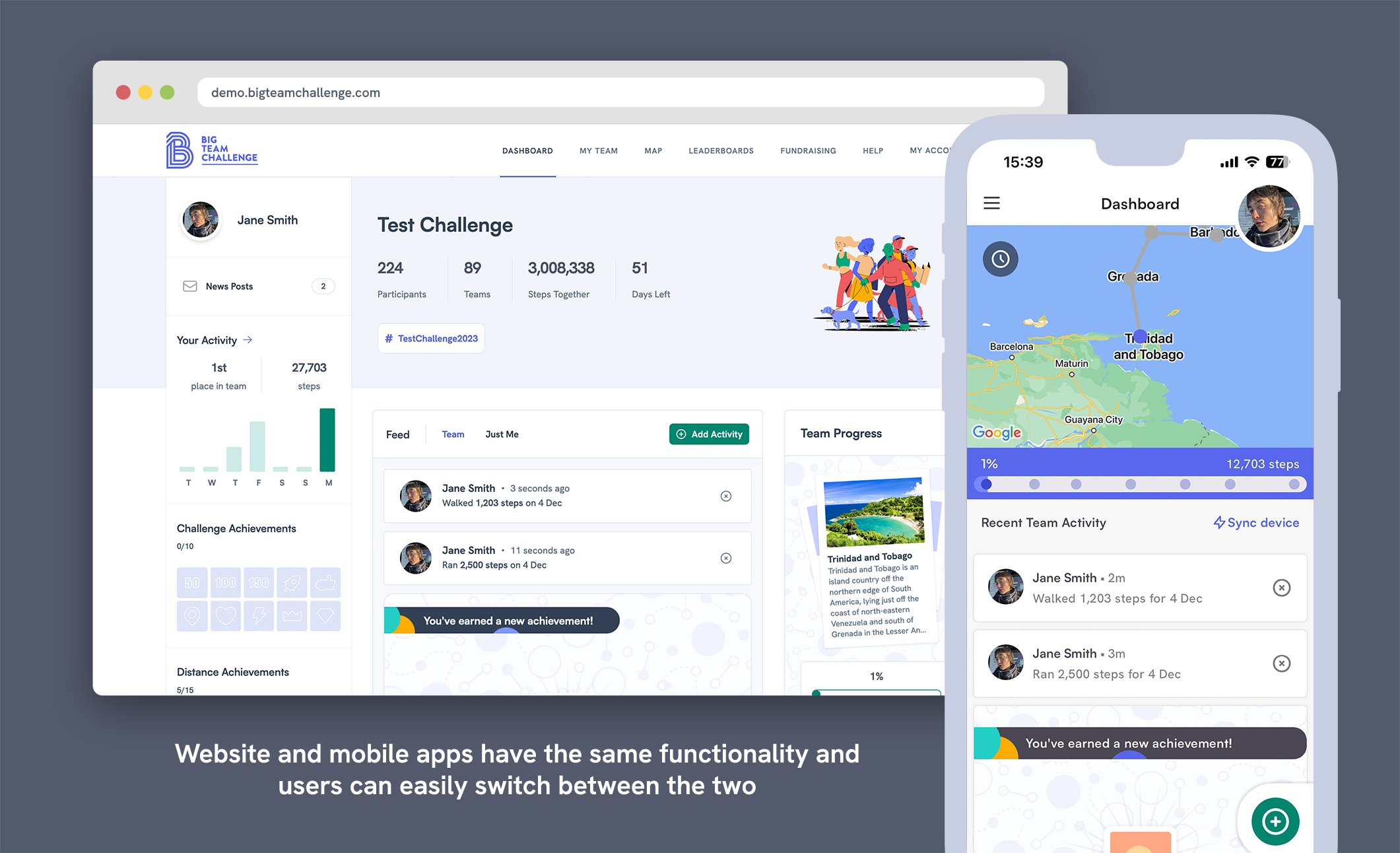 Big Team Challenge User Dashboard on web and app