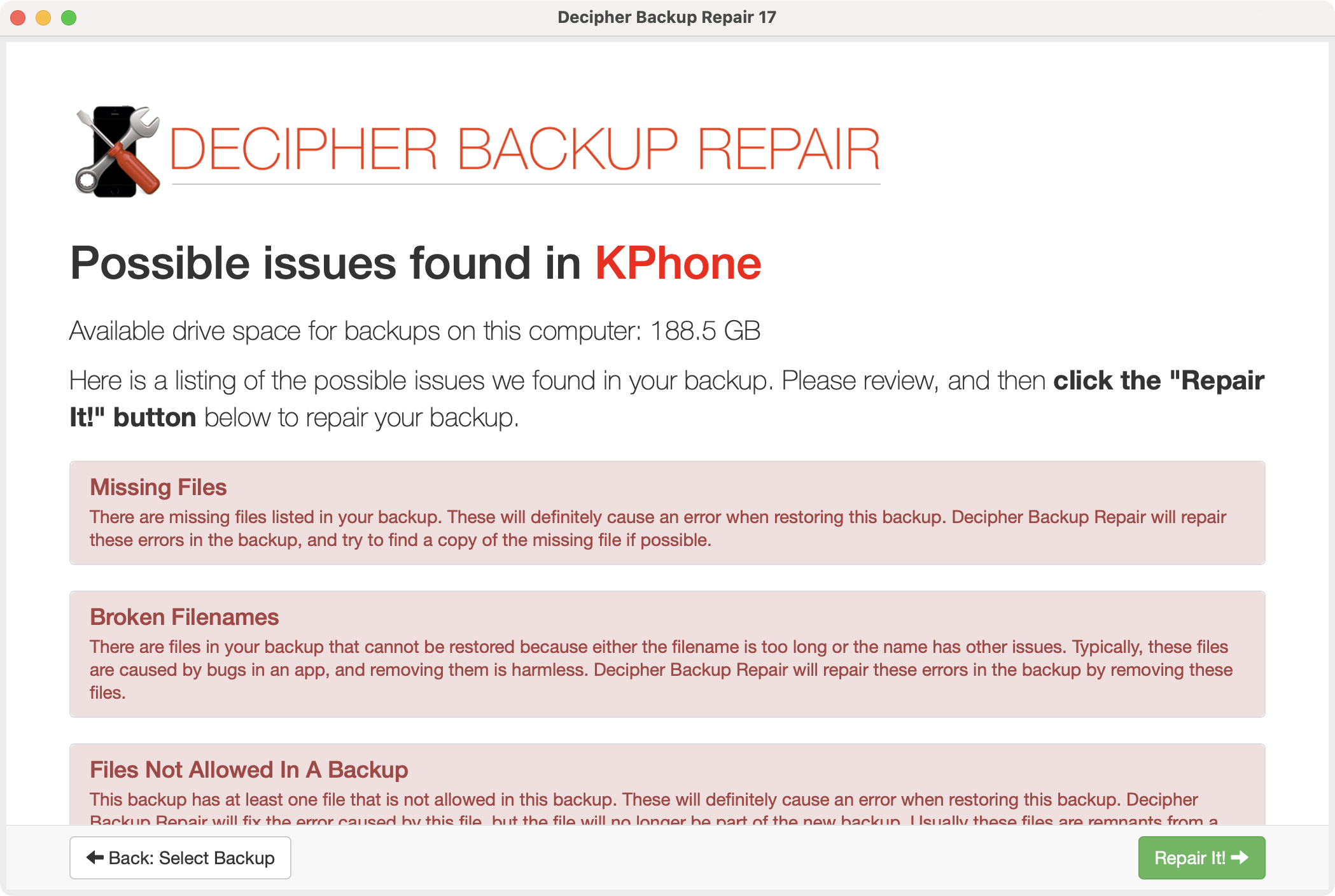 Decipher Backup Repair Preview errors found in the iOS backup before fixing them.