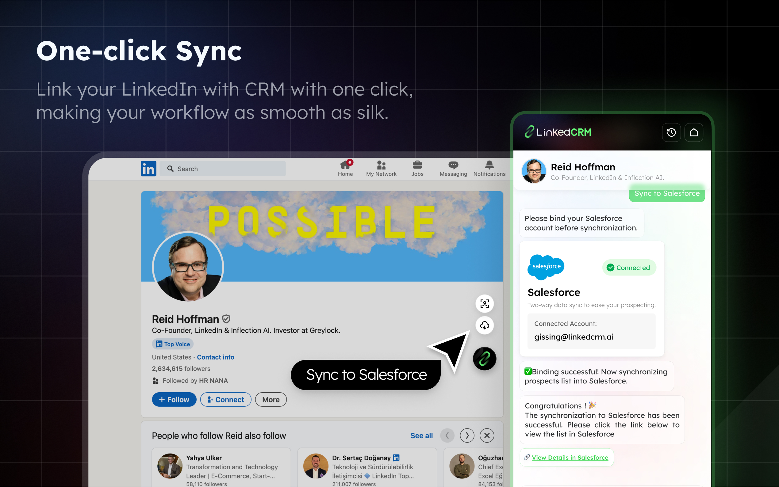 LinkedCRM AI One-click Sync, Double the Efficiency 