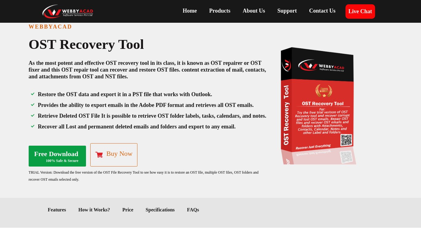 Webbyacad OST Recovery Tool Landing page