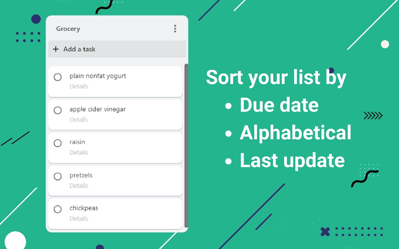TaskDisplay Sort your list by due date, last updated or alphabetically