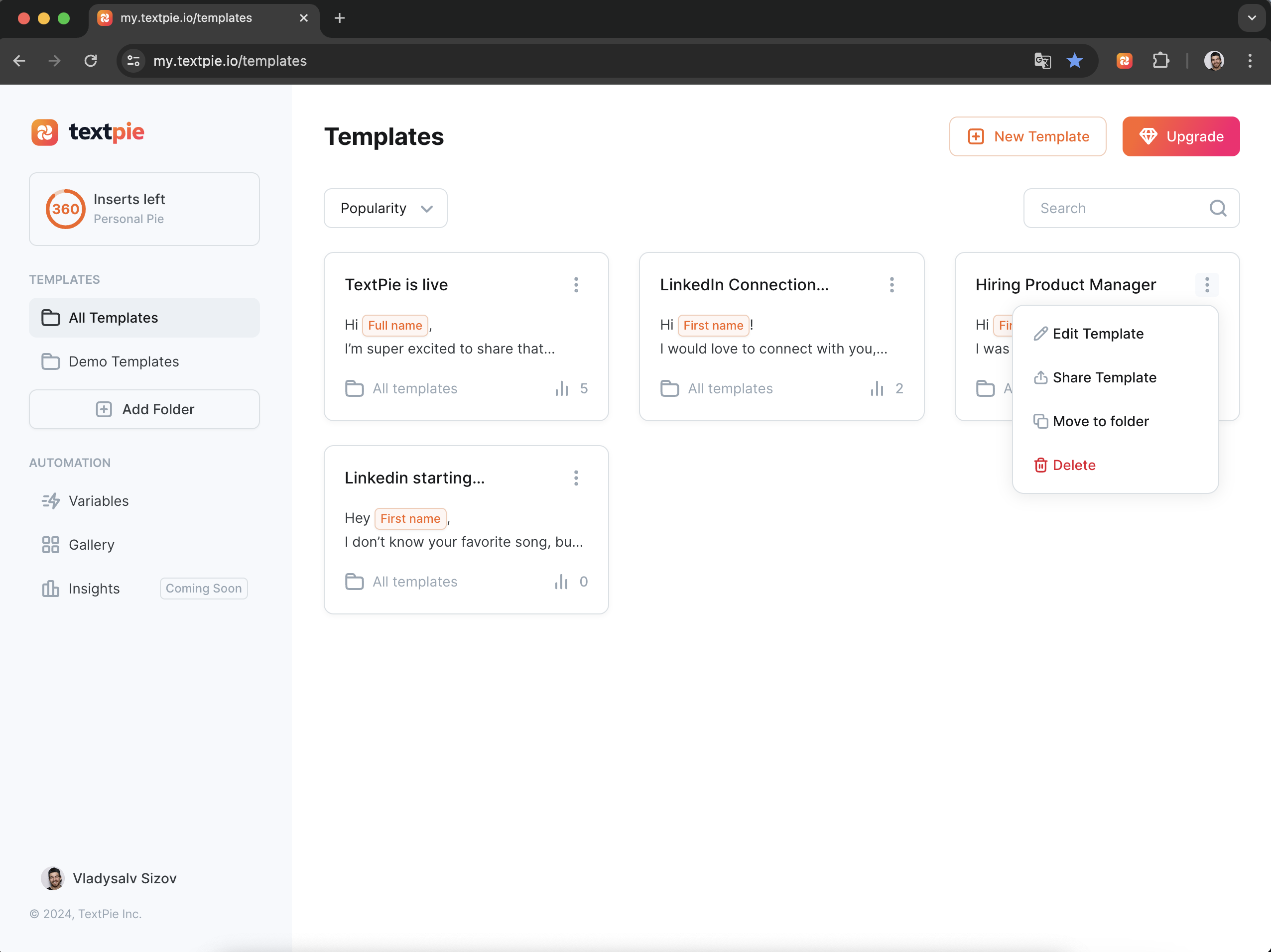 TextPie.io TextPie Template Dashboard 