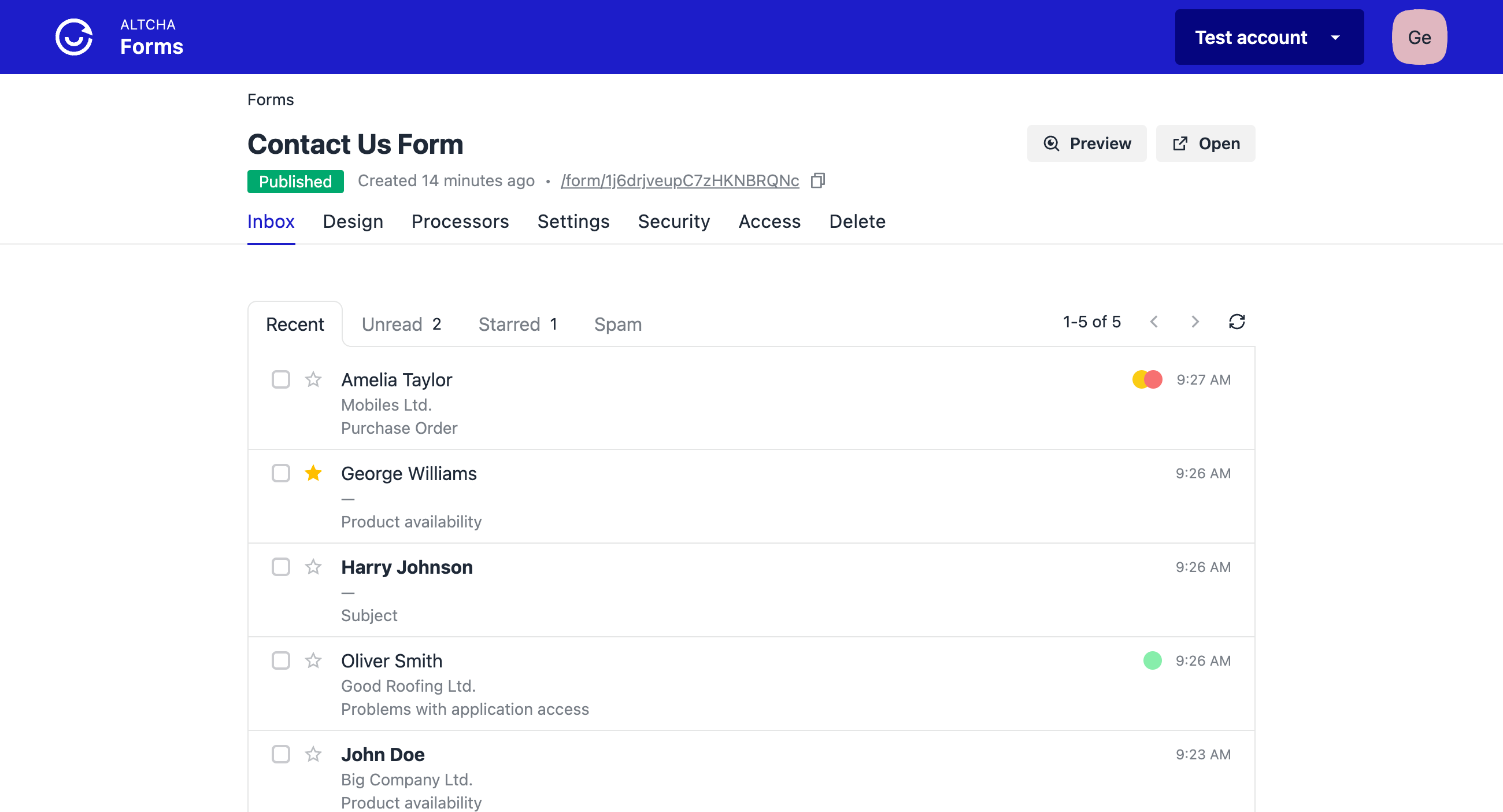 ALTCHA Forms Application - Form Inbox