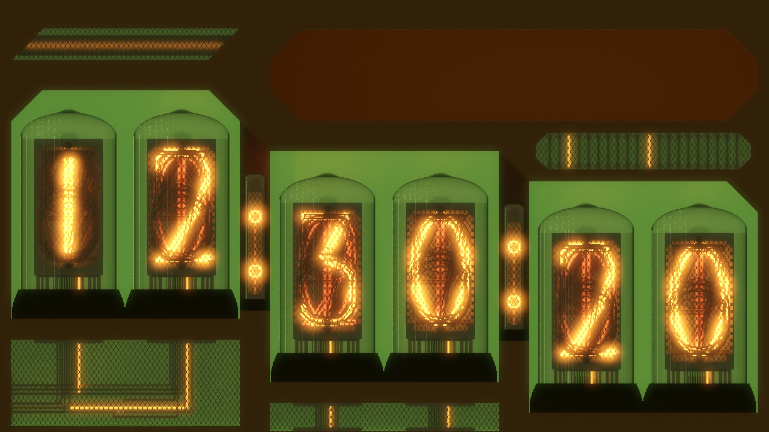 Avoyd Nixie Tubes Clock made by by PotatoVonEpicus. Imported in Avoyd and rendered with Bloom and AgX Tonemapping post processing