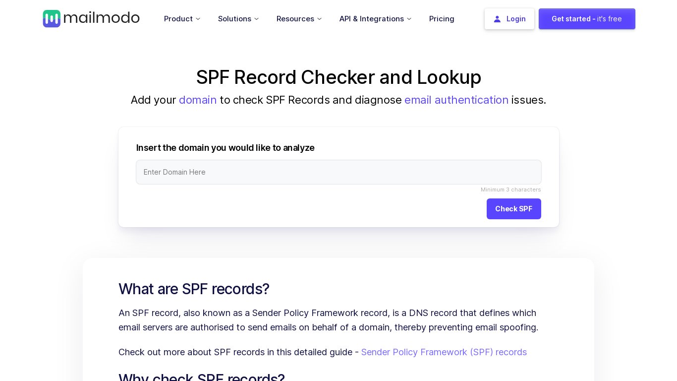 Mailmodo SPF Record Checker and Lookup Landing page