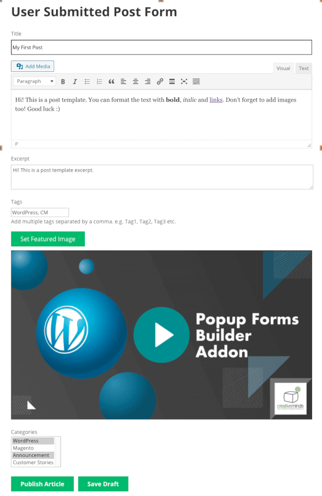 CreativeMinds WordPress User Submitted Posts Plugin Front-end post submission form