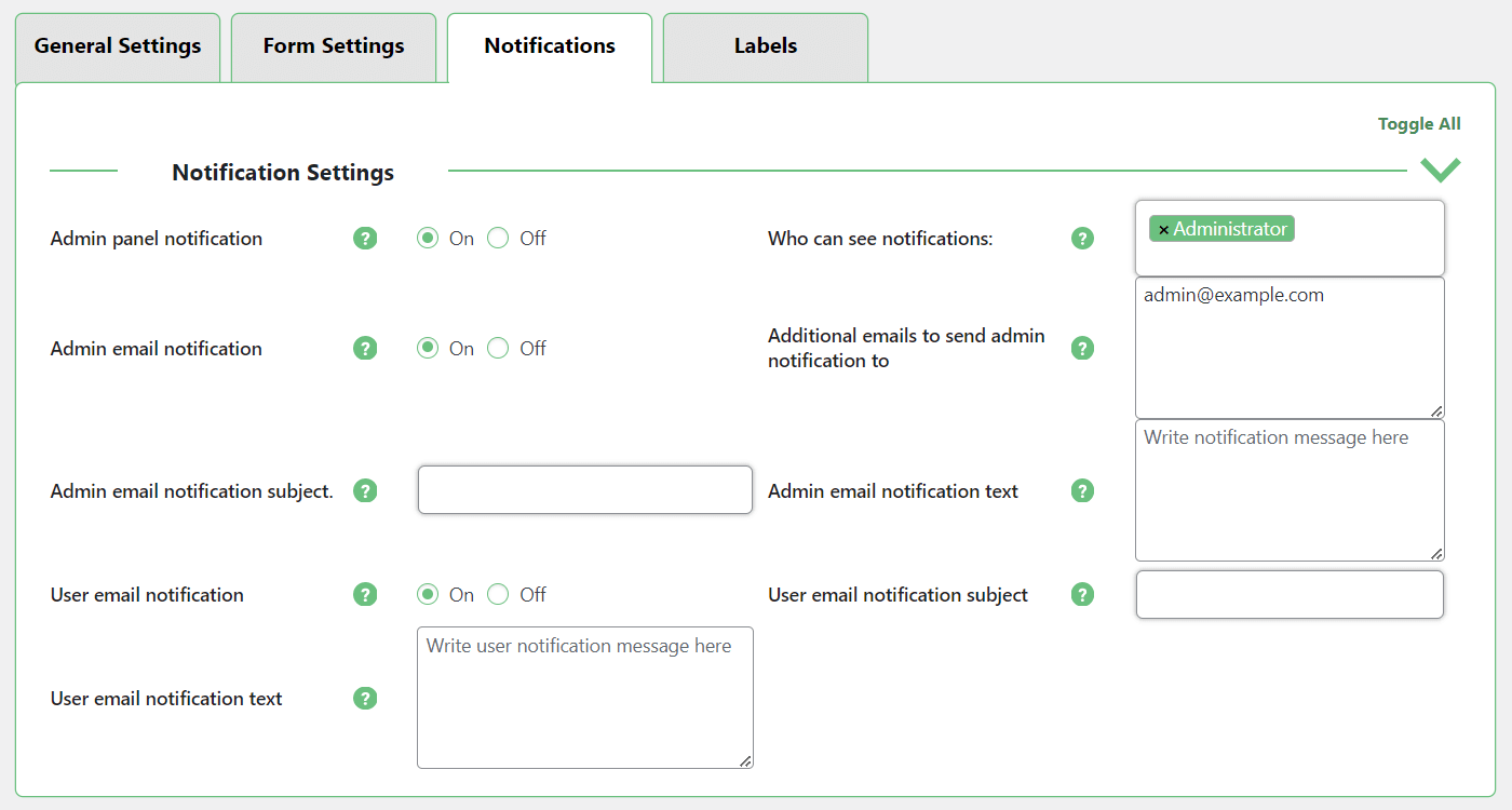 CreativeMinds WordPress User Submitted Posts Plugin Setting screen showing notifications options