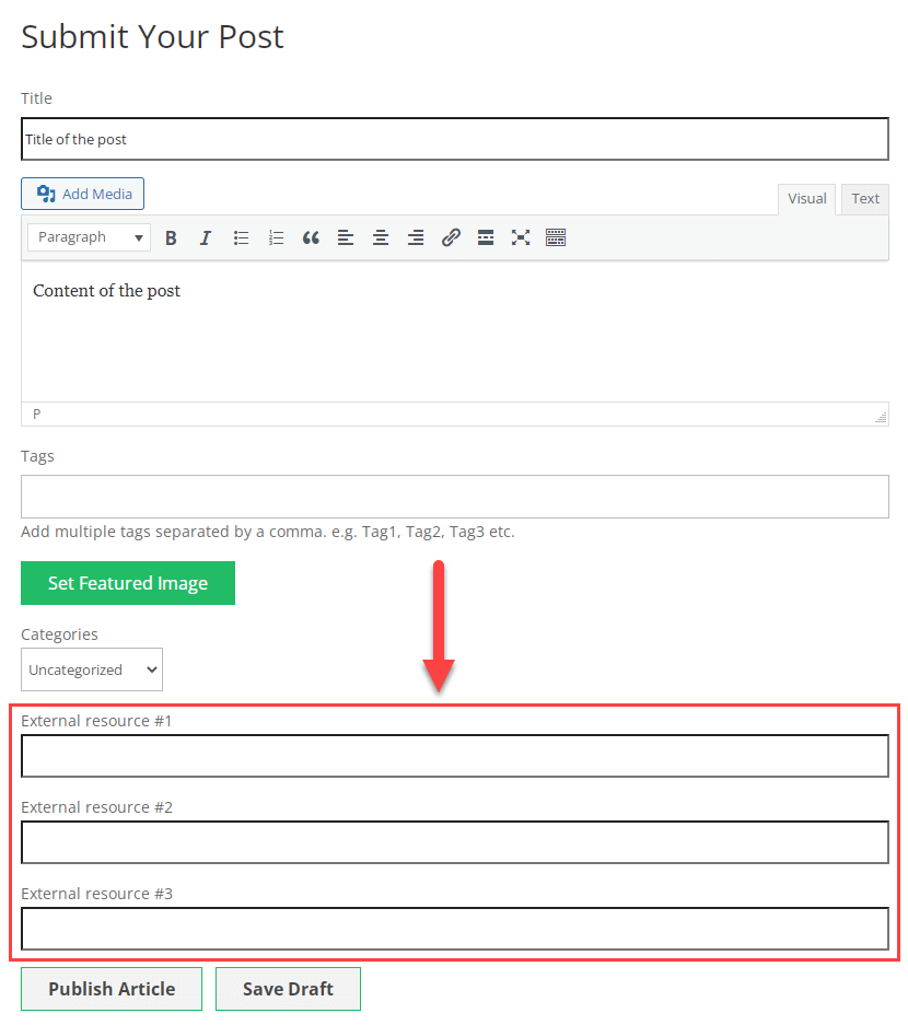 CreativeMinds WordPress User Submitted Posts Plugin Custom fields in the submission form