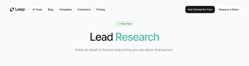 Lead Research Tool by Leap AI Landing Page