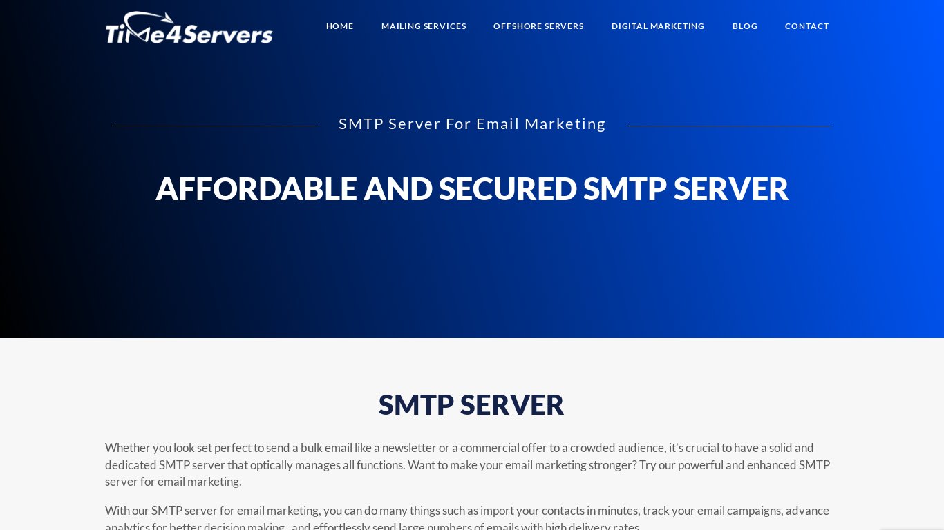 Time4Servers SMTP Server Landing page