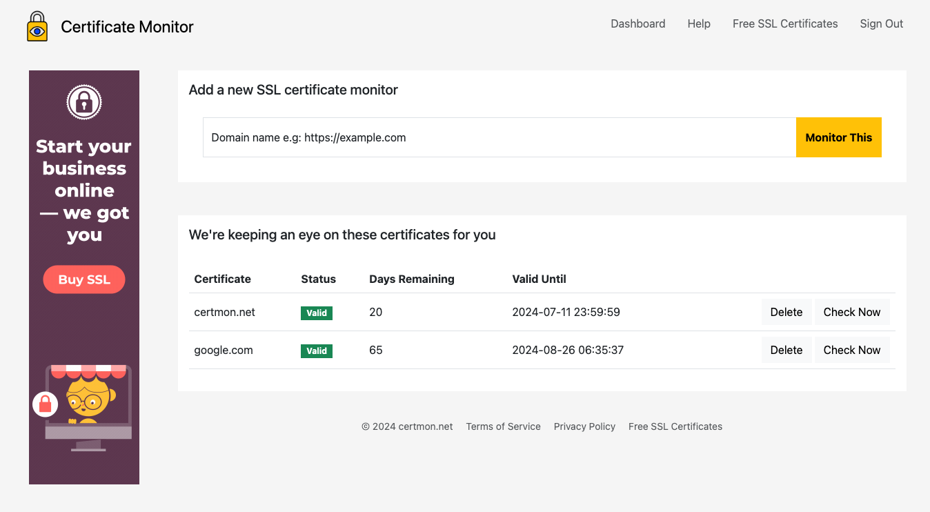 Certmon.net Dashboard