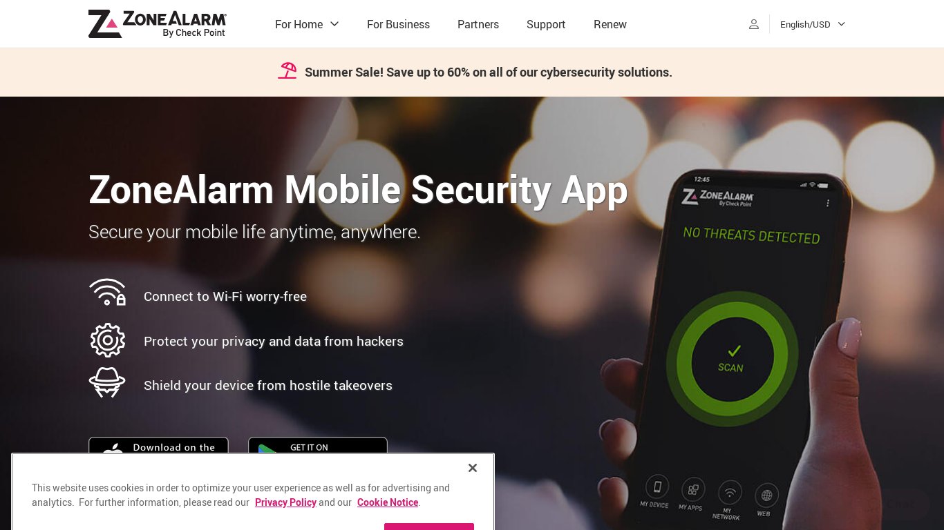 ZoneAlarm Mobile Security Landing page
