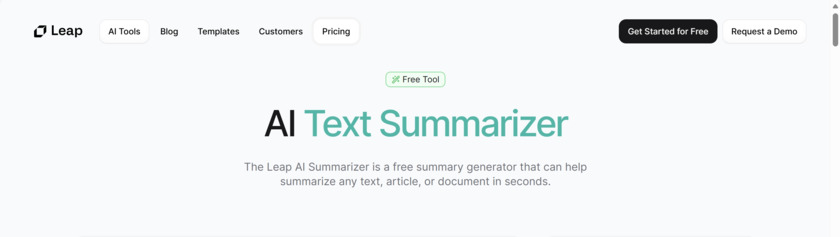 AI Text Summarizer by Leap AI Landing Page
