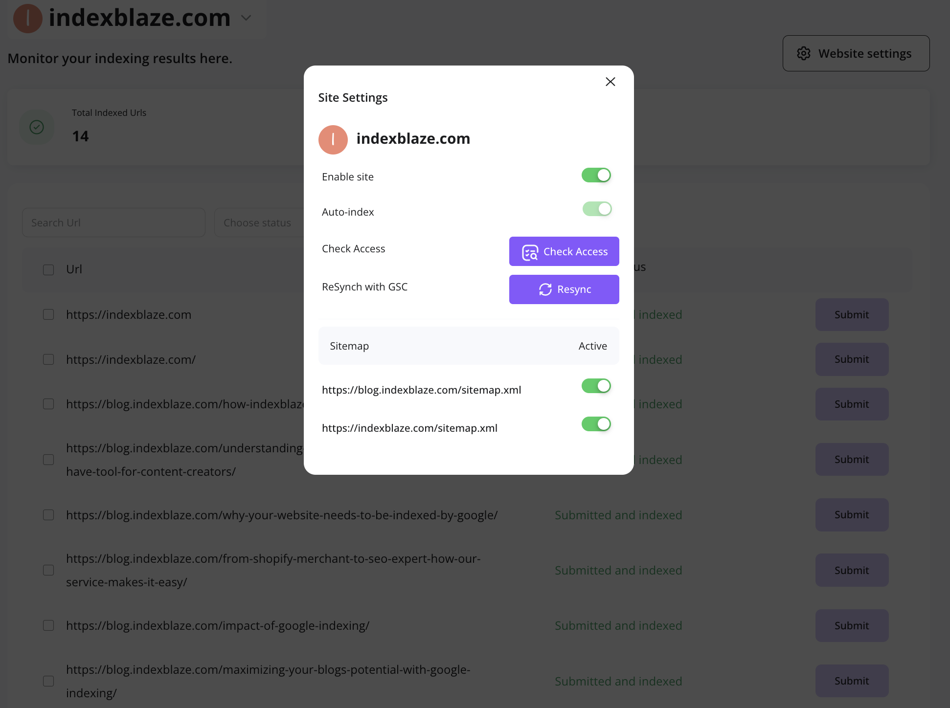 IndexBlaze Website Settings
