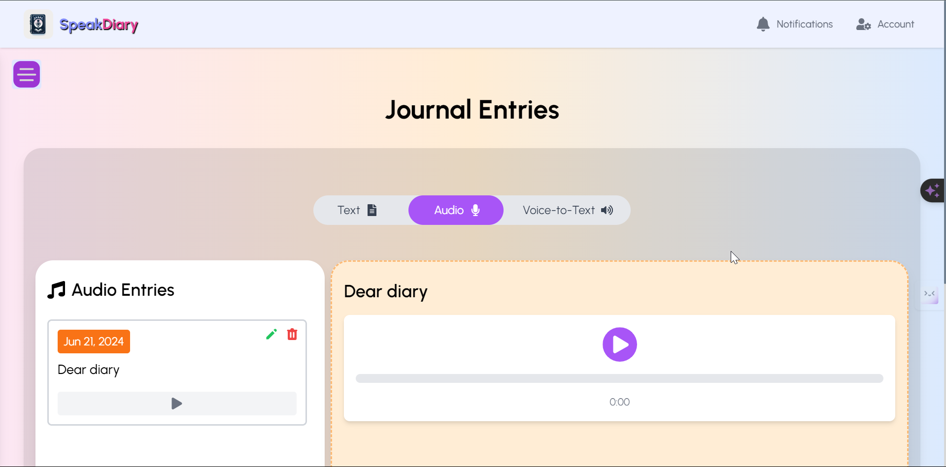 SpeakDiary Journal Entries Demo