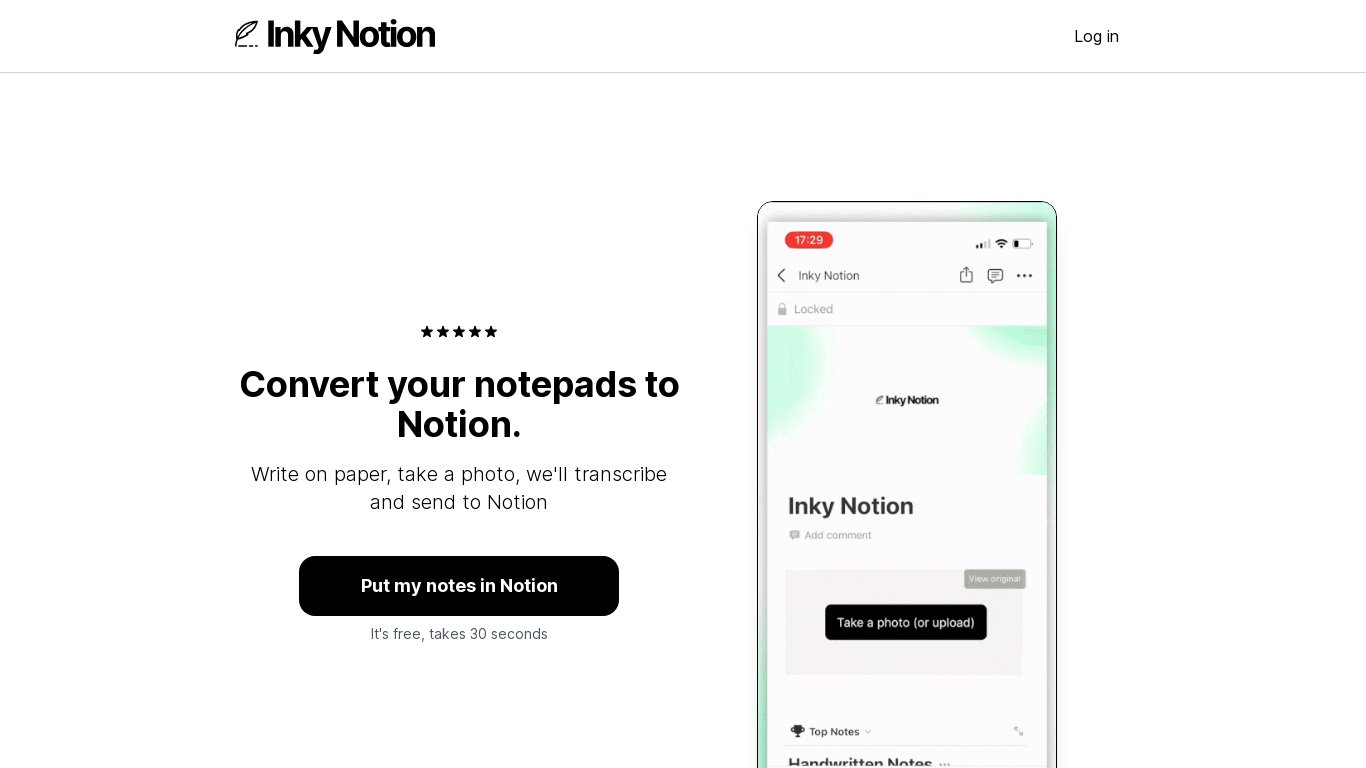 Inky Notion Landing page